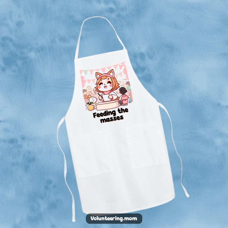 Funny apron depicting a cheerful Kawaii mom animal character joyfully managing the setup and planning of a community event.