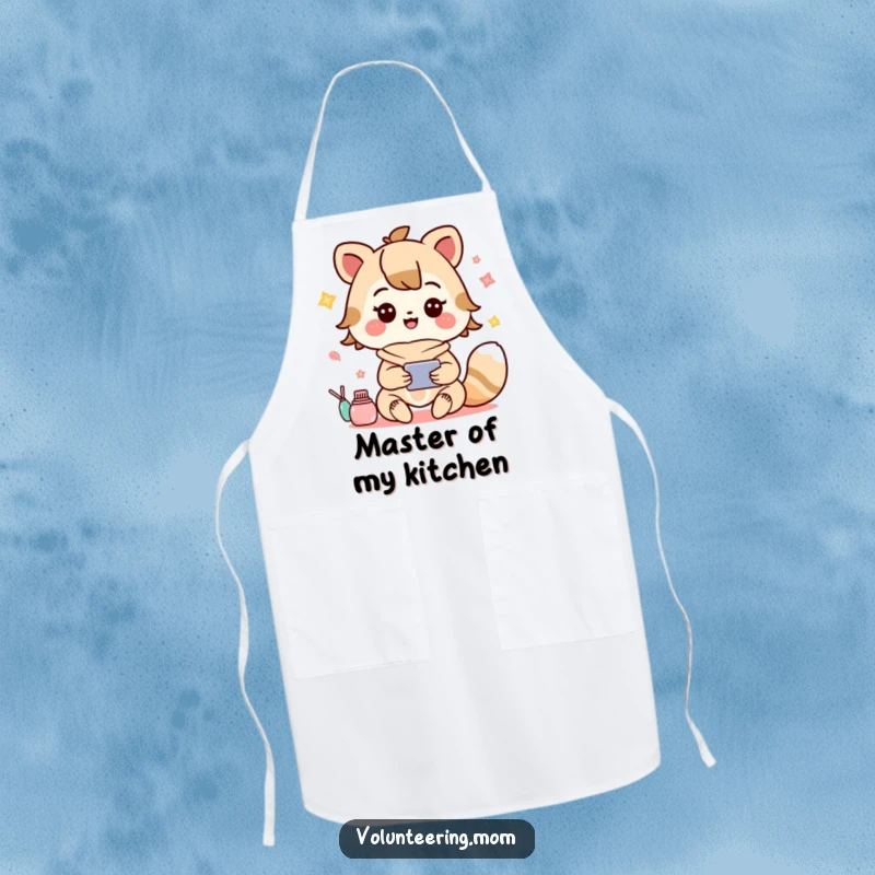 Funny apron showing a cute Kawaii mom animal character joyfully juggling kitchen tasks and other duties with a big smile.