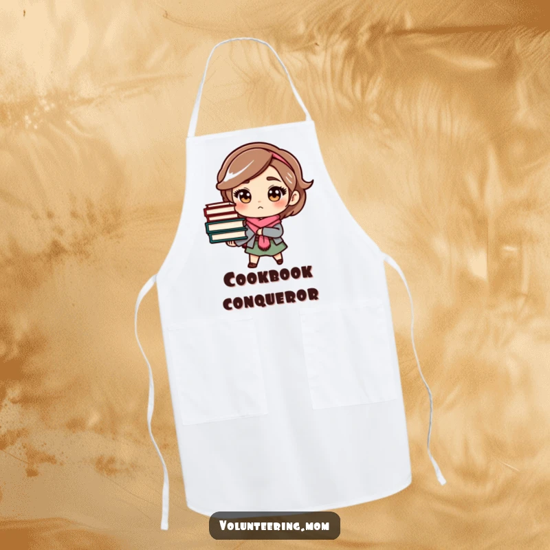Funny mom apron with a determined character carrying a stack of books, adding humor to culinary adventures.
