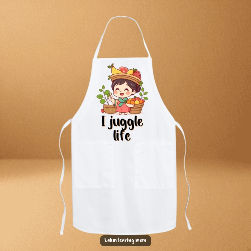 Funny Mom Apron: Cheerful mom balancing a basket of fruit on her head while cooking with a happy expression.