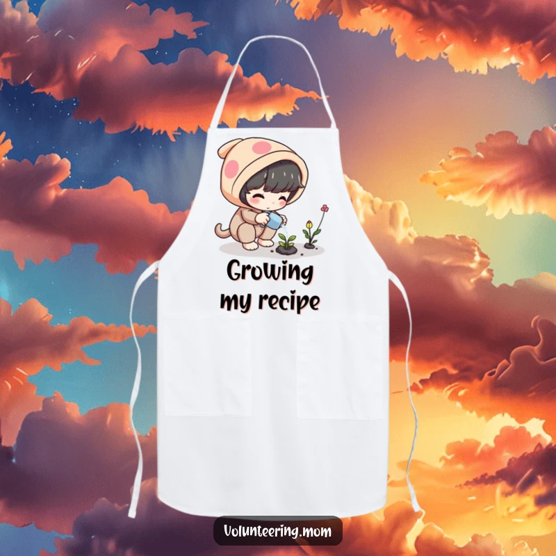 Funny Plant Apron showing a playful character diligently watering a small, magical plant, ideal for kitchen enchantment.