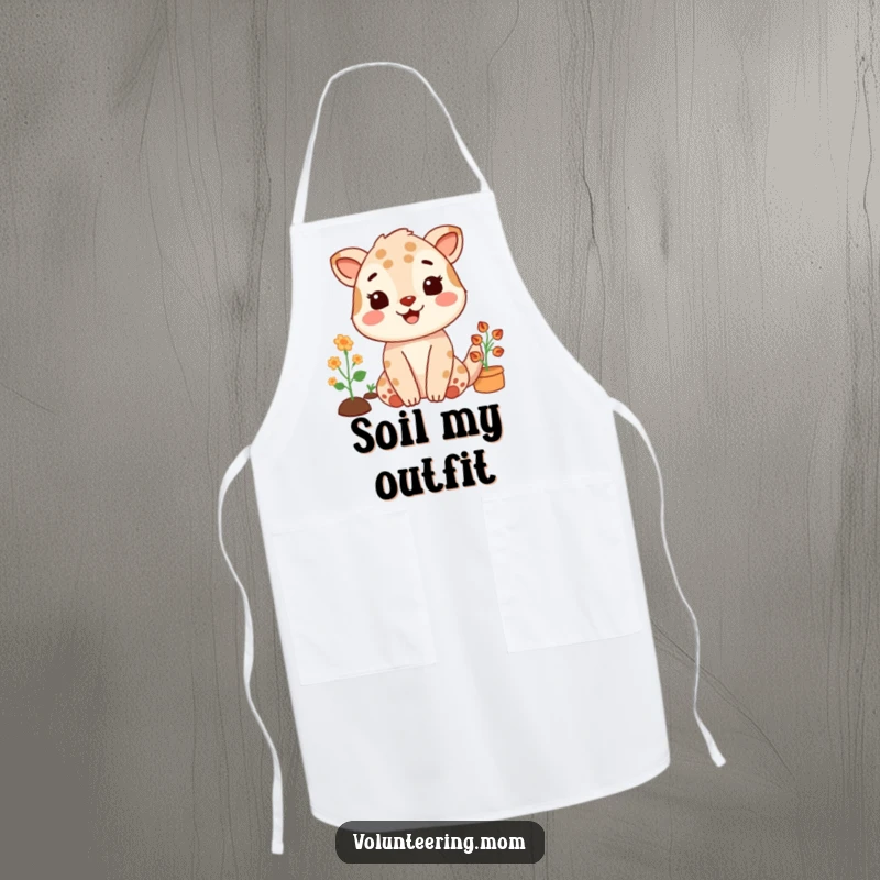 Funny apron showcasing a mom animal character gardening with a satisfied smile, perfect for garden chores.