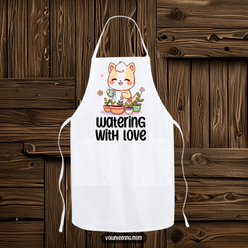Kawaii mom anthropomorphic animal watering plants, cute kitchen apron, gardening theme, humorous accessory, gift.