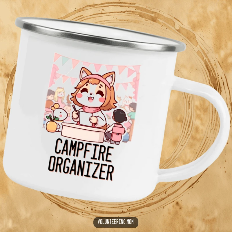 Funny camping mug showing a cheerful Kawaii mom animal character organizing a community event, ready for any adventure.
