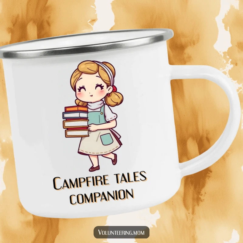 Funny mom camping mug with an apron and books, durable and humorous for outdoor reading enthusiasts, a great funny gift for moms.