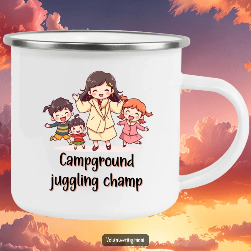 Funny mom camping mug with a character juggling kids, durable and humorous for outdoor adventures with family, a great funny gift for moms.