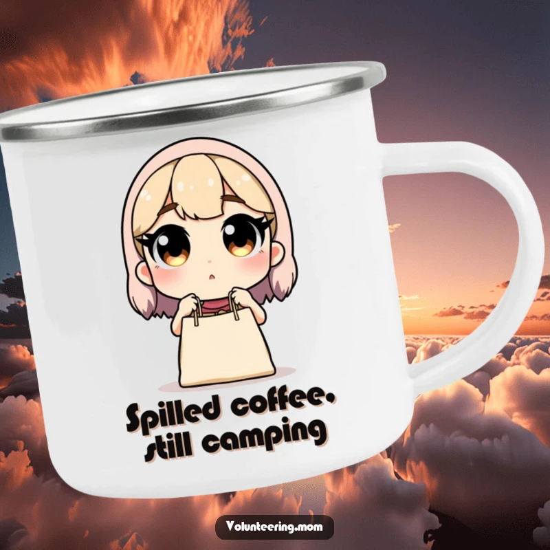 Funny camping mug: Mom surprised by dropped groceries, a humorous and rustic addition to outdoor trips, great gift.