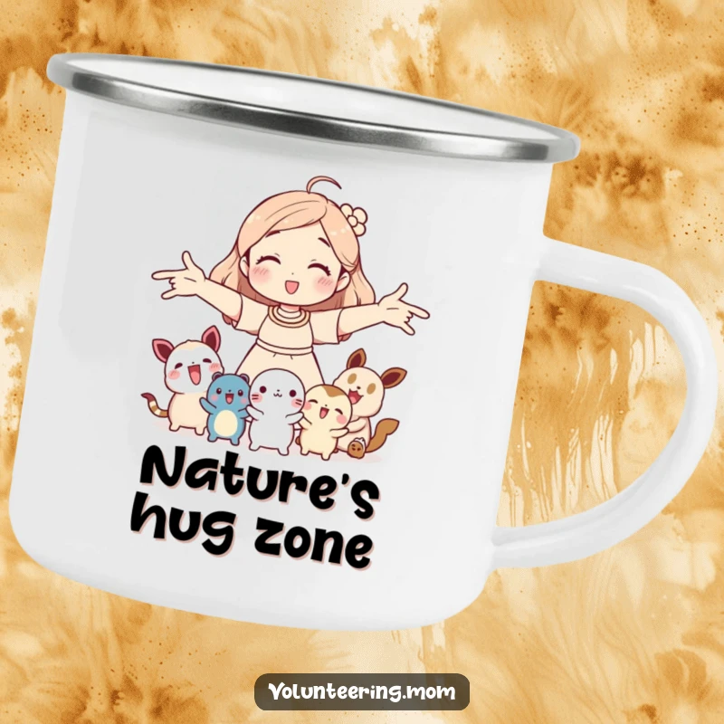 Funny camping mug: Mom welcoming creatures with open arms, a humorous and rustic addition to camping trips, great gift.