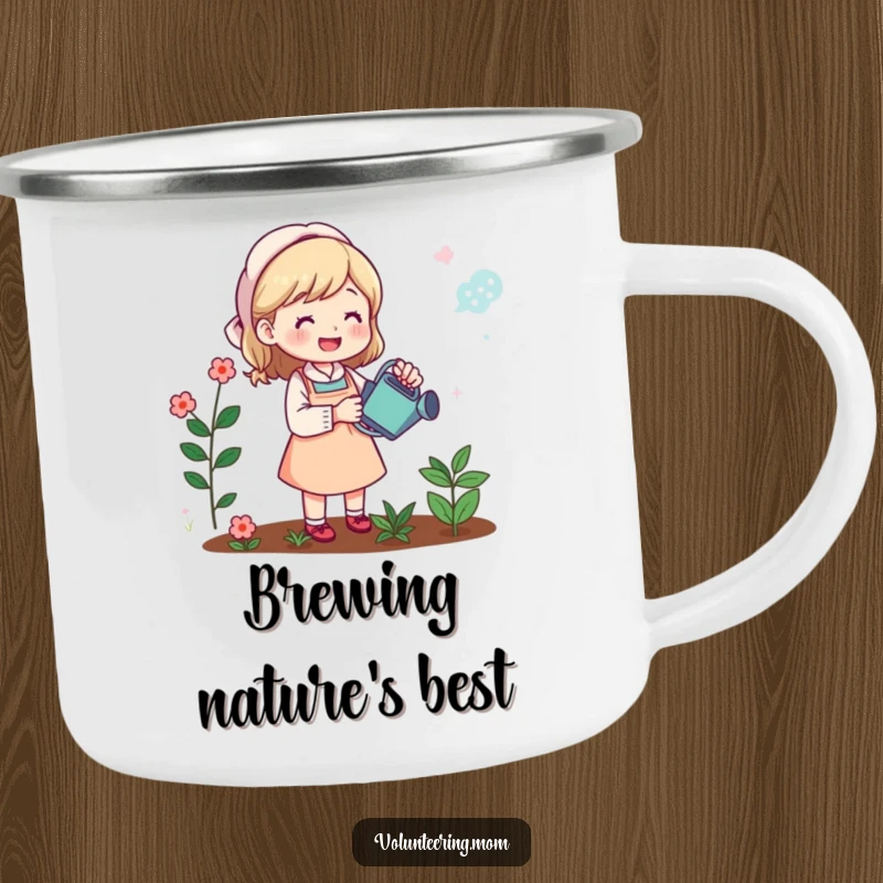 Funny camping mug: Mom cheerfully watering her garden, bringing a funny, rustic vibe to outdoor adventures, great gift.