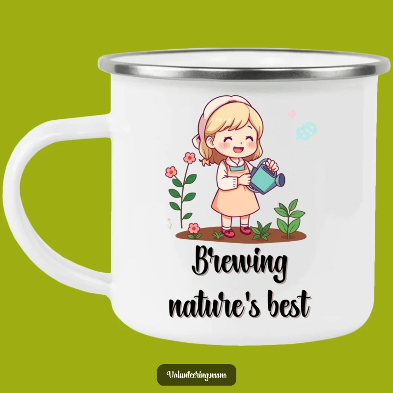 Funny Campfire Mom Gardener Mug: Cheerful mom watering plants, a rustic and humorous gift for outdoor lovers.