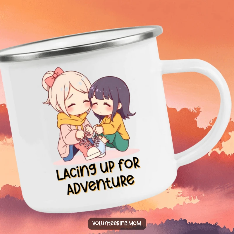 Funny mom camping mug, a mother character tying shoelaces, perfect for outdoor moments and comforting sips.