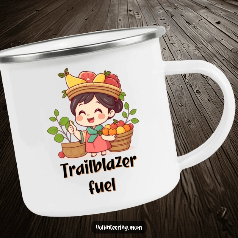 Funny Mom Camping Mug: Cheerful mom balancing a fruit basket on her head, ready for outdoor fun.