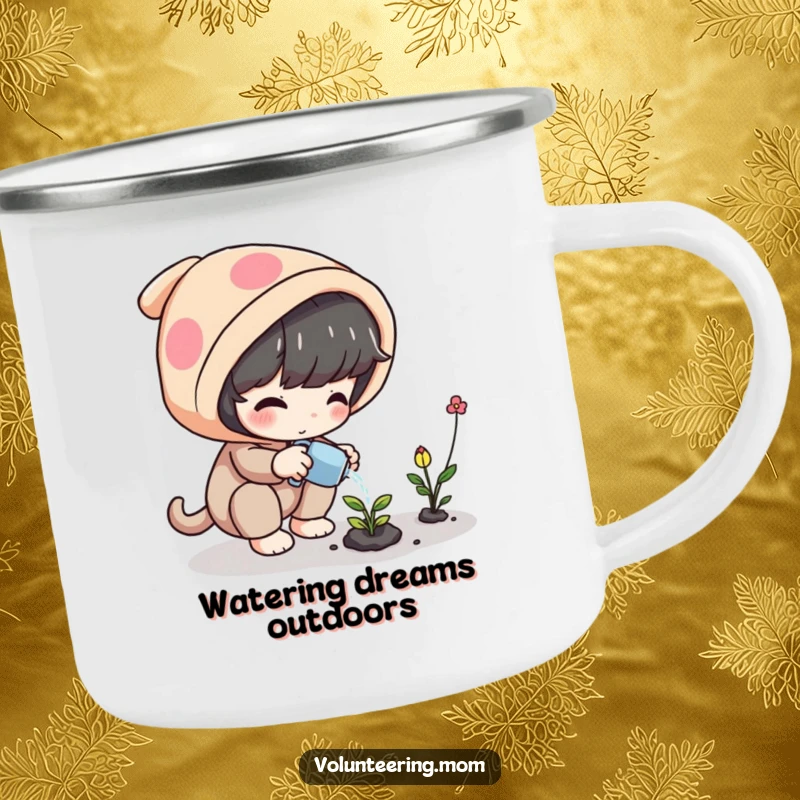 Funny Plant Camping Mug showing a playful character watering a magical plant, ideal for outdoor nature magic.