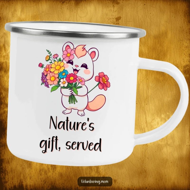 Funny Flower Camping Mug showing a smiling whimsical creature with a bouquet of flowers, ideal for outdoor cheer.