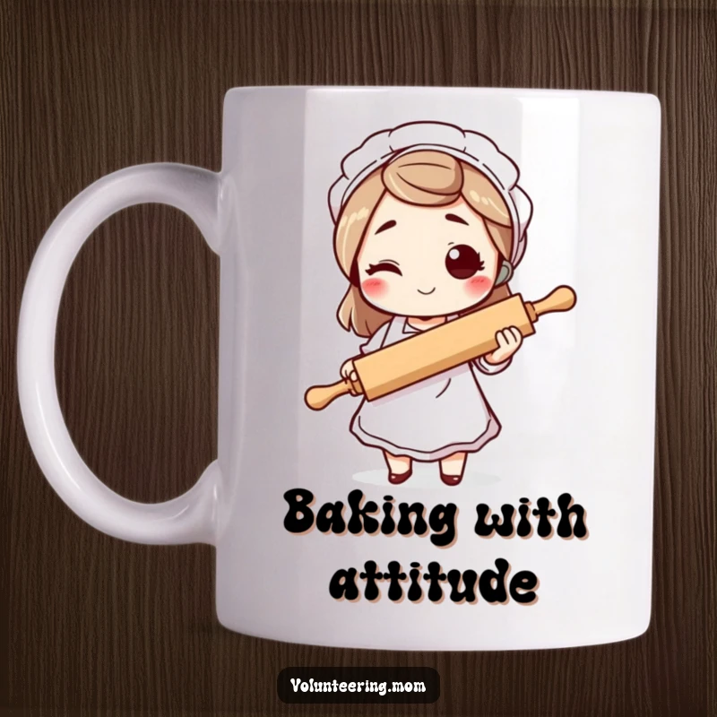 Funny mom mug, a cheerful mom character in an apron, winking mischievously while holding a rolling pin, ready to bake.
