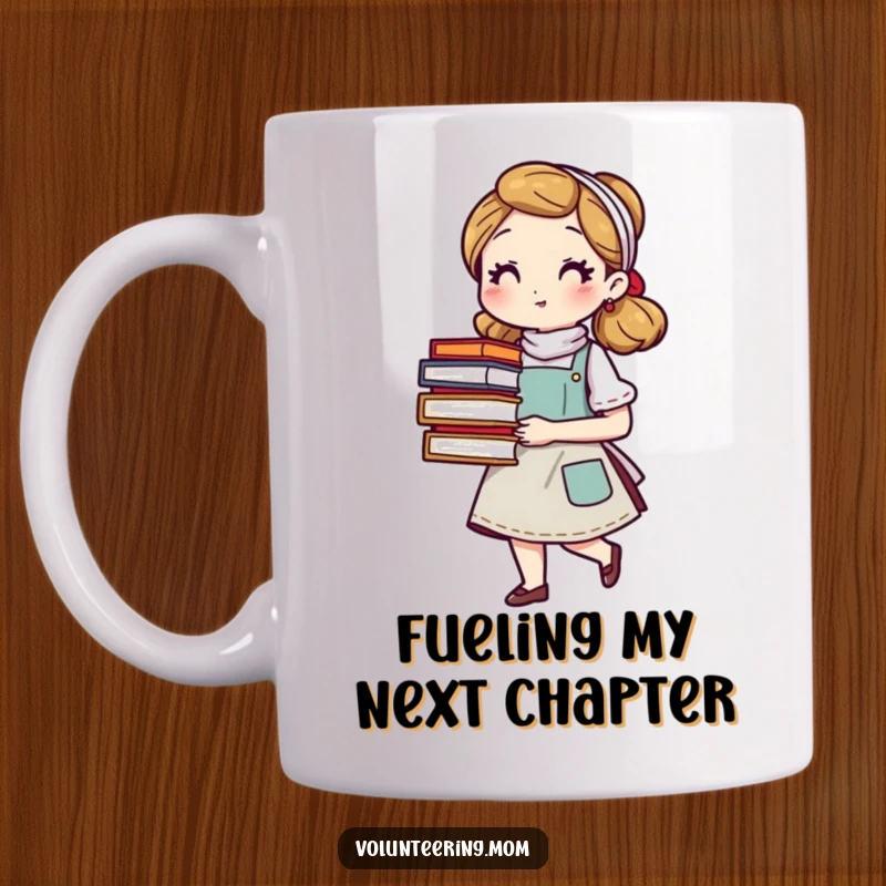 Funny mom mug featuring a character in an apron carrying a stack of books, celebrating her love for reading and multitasking, a great funny gift.