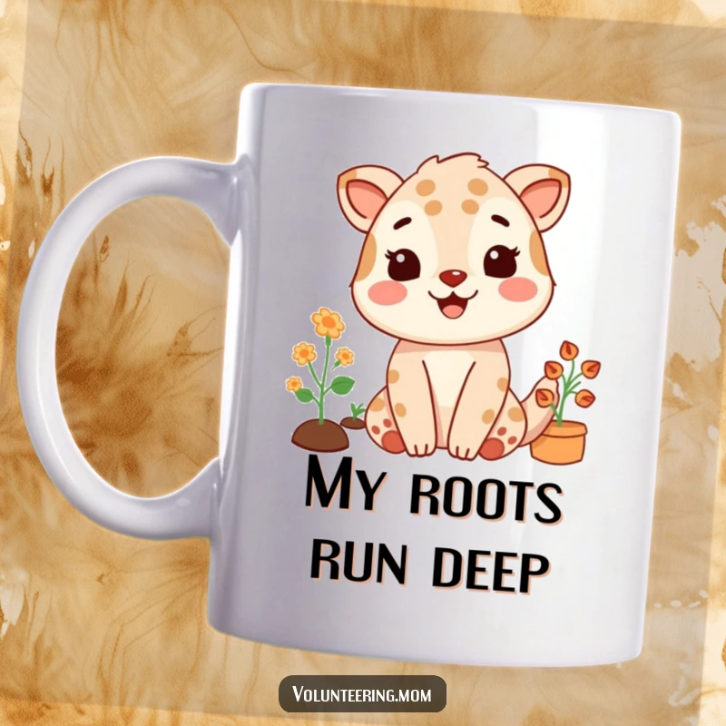 Funny happy mom animal character mug, joyfully gardening with a wide, satisfied smile, celebrating peaceful moments.