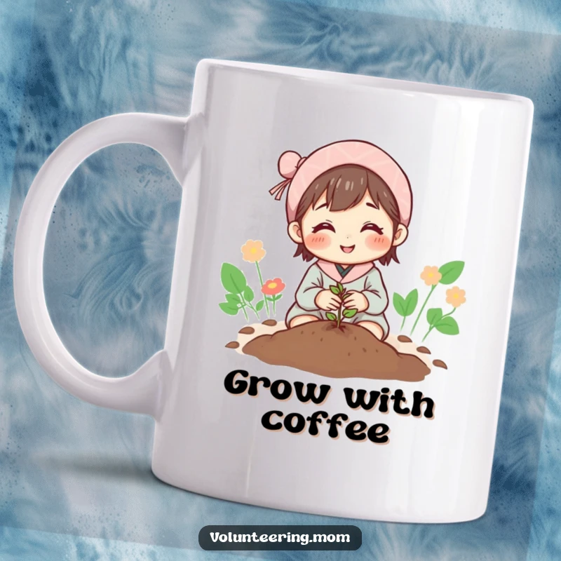 Funny Mom Mug: A hopeful mom gently planting a tiny seed in soil, with a warm, encouraging smile.