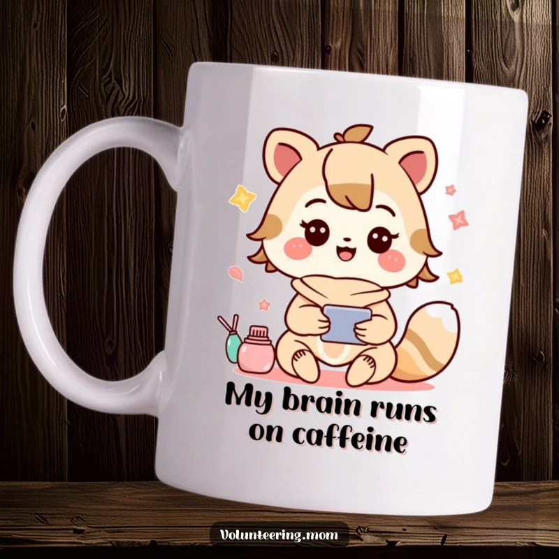 Funny mug featuring a cute Kawaii mom animal character cheerfully multitasking with multiple arms and a smile.