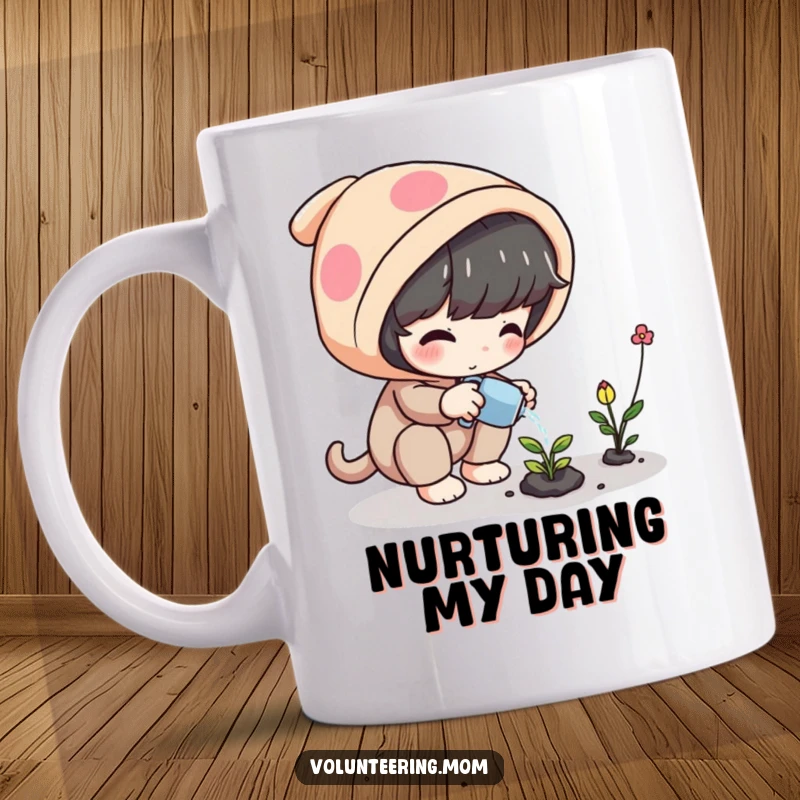 Funny Plant Care Mug showing a playful character diligently watering a small, magical plant, symbolizing growth and care.