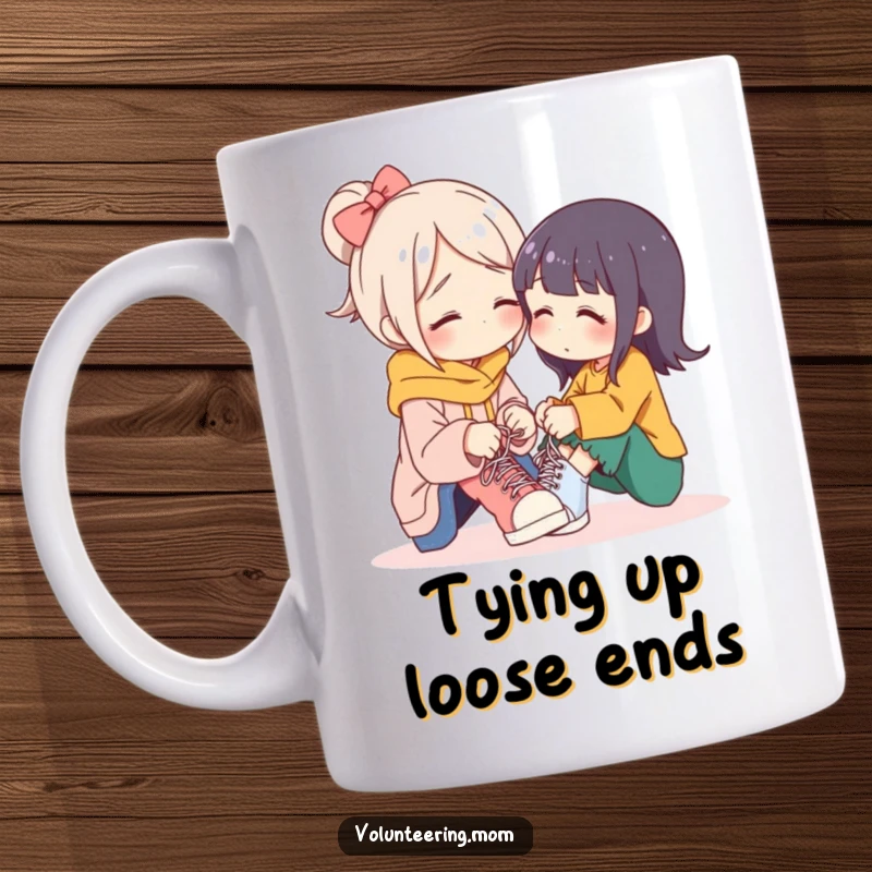 Funny mom mug, a caring mom character gently tying a smaller character's shoelaces with patience and love.