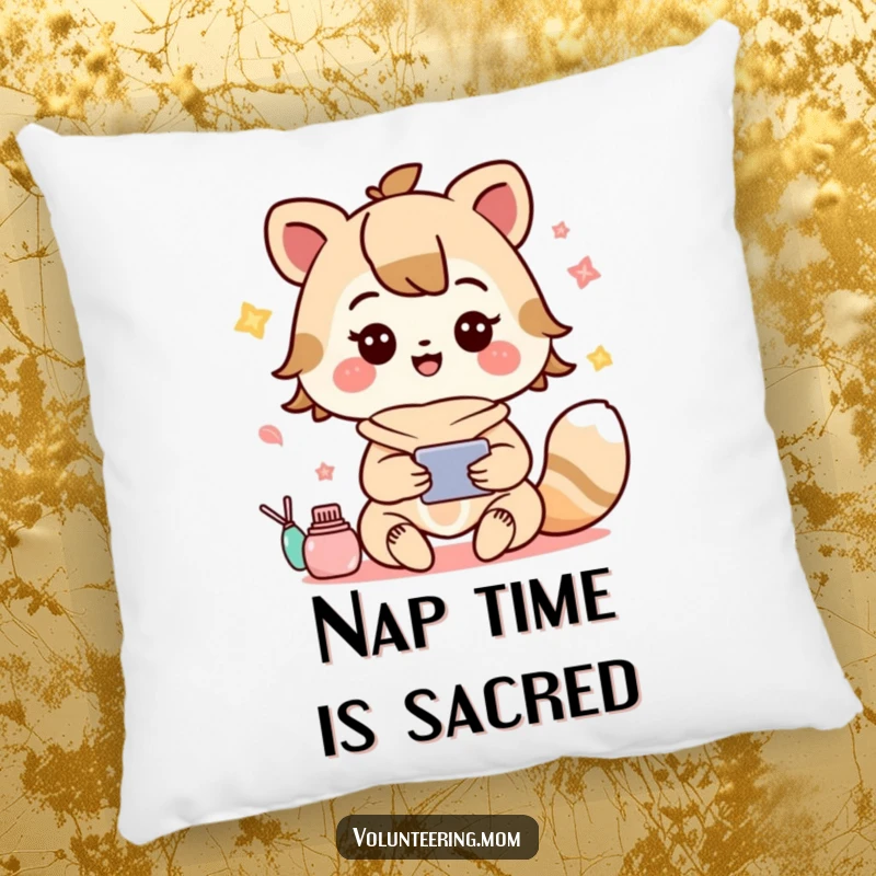 Funny pillow with a delightful Kawaii mom animal character cheerfully balancing several tasks, perfect for a comfy, humorous accent.