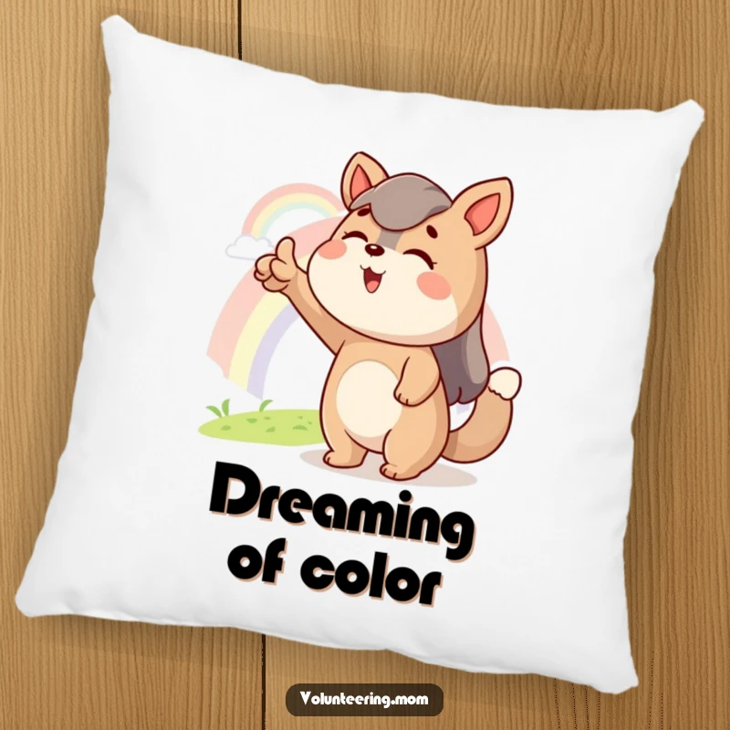 Funny pillow featuring an excited Mom animal character pointing at a distant rainbow, designed for comfort and inspiring hopeful thoughts.