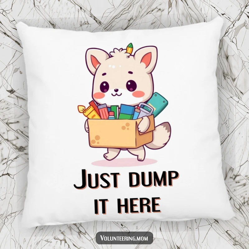 Funny animal artist pillow featuring a box overflowing with colorful art supplies, a soft and humorous decorative item.