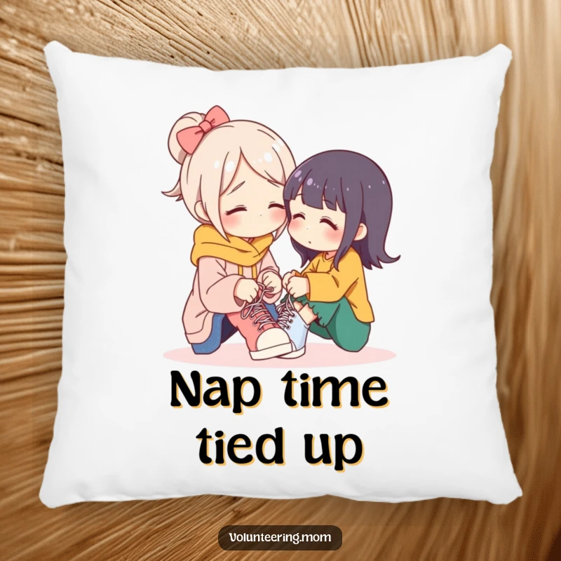 Funny mom pillow, a mother character gently tying shoelaces, adding cozy comfort and emotional warmth to home decor.