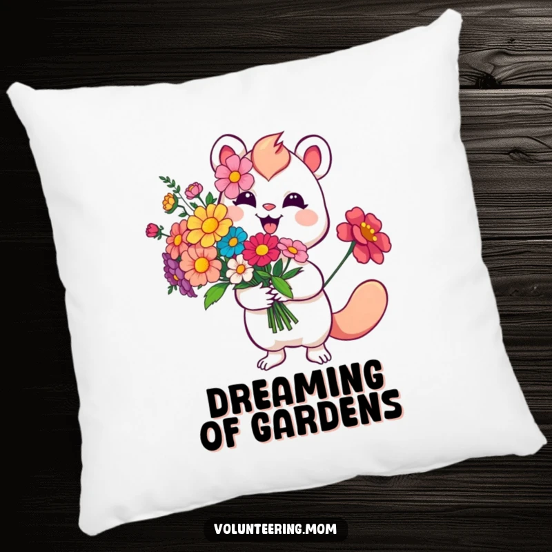 Funny Flower Pillow featuring a smiling whimsical creature holding a bouquet of vibrant flowers, offering plush comfort and charm.