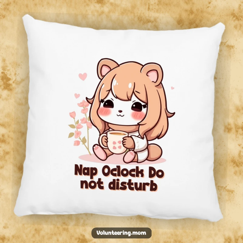 Soft, plush pillow featuring a funny Mom animal character enjoying a cup of tea, adding comfort and humor to any seating area.