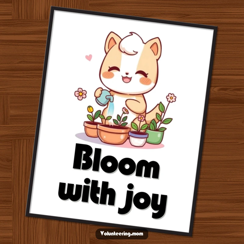 Kawaii mom anthropomorphic animal joyfully watering plants, printable digital art, cute gardening illustration, whimsical decor.