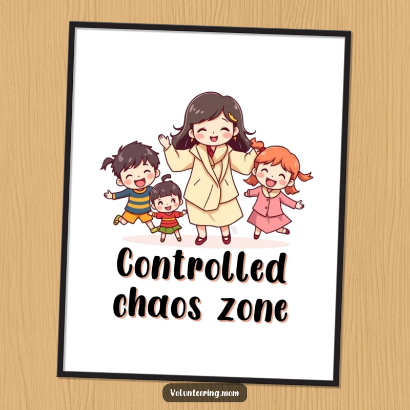 Funny mom digital art print of a cheerful character juggling kids, perfect for immediate download, adding humorous multitasking energy to any space.