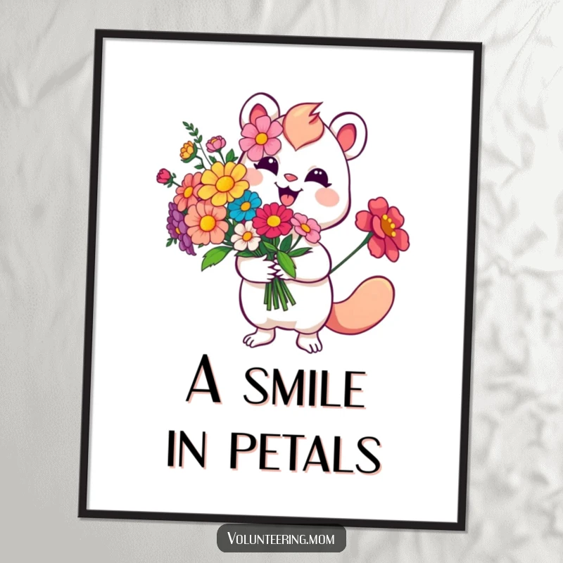Funny Flower Digital Art Print showing a smiling whimsical creature with a bouquet of vibrant flowers, evoking cheer.