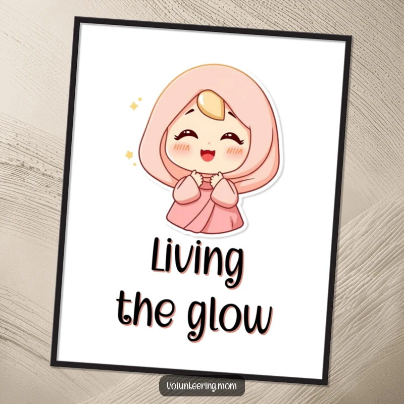Funny Happy Mom Digital Art Print featuring a woman sighing contentedly, surrounded by a soft light, symbolizing peace.