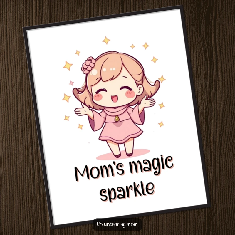 Funny digital art print of a kawaii mom character sparkling and juggling, perfect for decor.