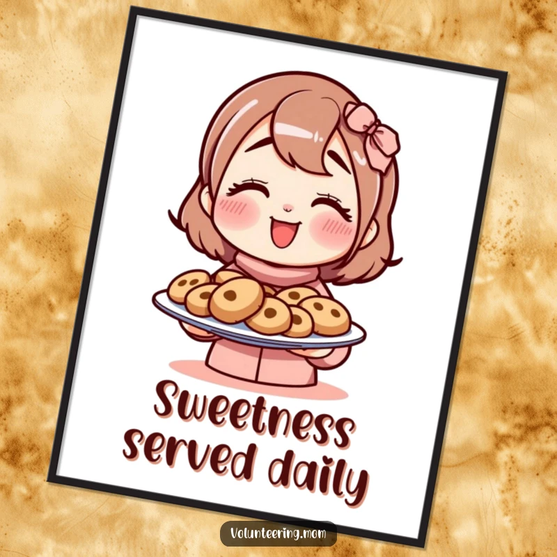 Funny mom digital art print featuring a smiling character enthusiastically offering a plate of delicious cookies.