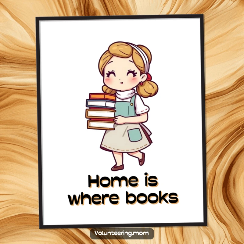 Funny mom digital art print of an apron-clad character with books, perfect for immediate download, adding humorous literary charm to any space.