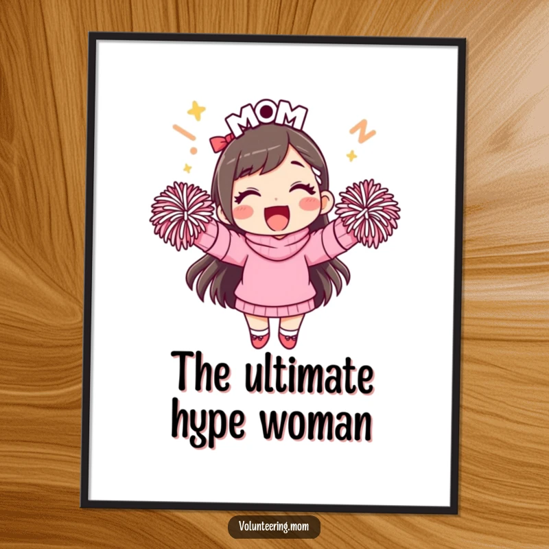 Funny mom cheering digital art print, instant download artwork of an energetic mom with pom-poms.