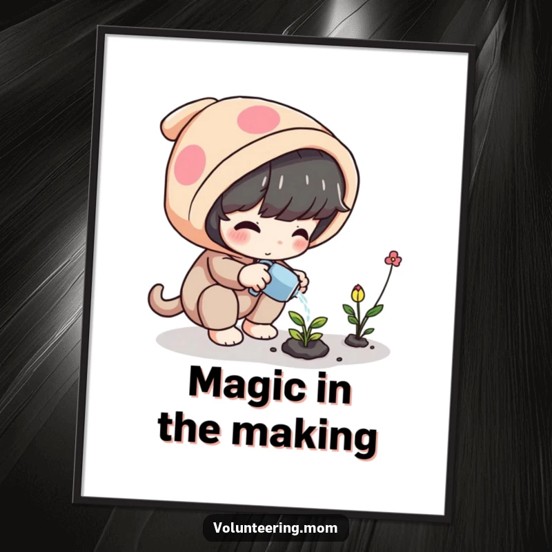 Funny Plant Digital Art Print showing a playful character diligently watering a small, magical plant, symbolizing nurturing.