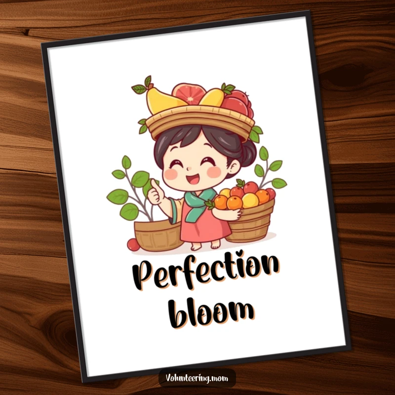 Funny Mom Digital Art Print: Cheerful mom balancing a fruit basket on her head, a vibrant and humorous illustration.