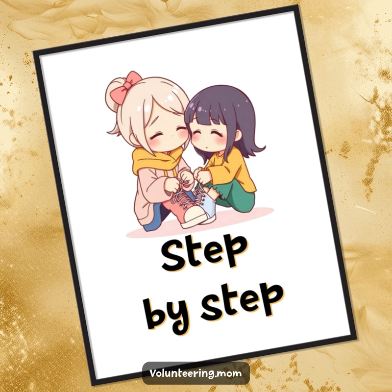 Funny mom digital art print, a mother character gently tying shoelaces, symbolizing love and care on walls.