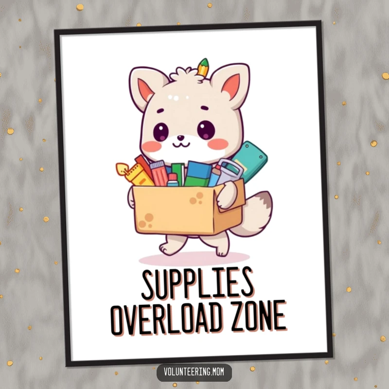 Funny animal artist digital art print showing a box overflowing with colorful art supplies, a humorous and vibrant downloadable artwork.