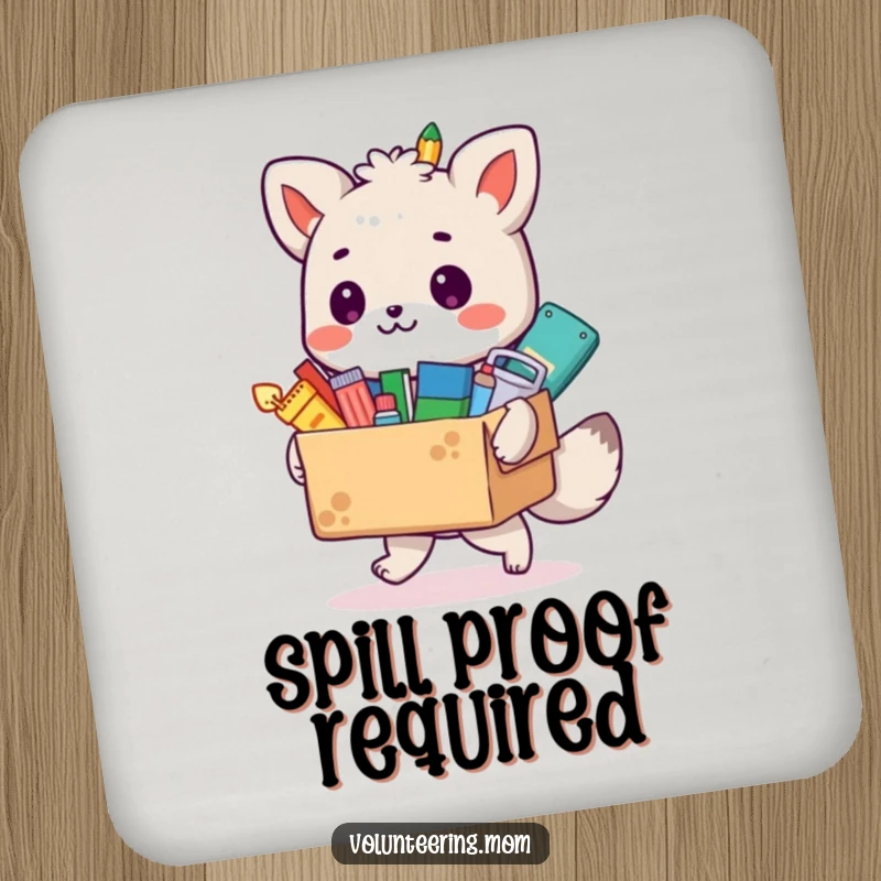 Funny animal artist drink coasters depicting a box overflowing with colorful art supplies, protecting surfaces with humor.