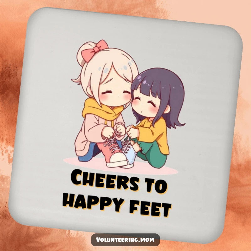 Funny mom coasters, a mother character gently tying shoelaces, adding a touch of tenderness to drink protection.