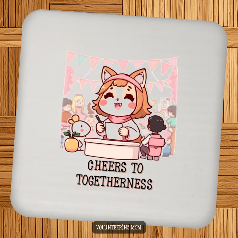 Funny drink coasters featuring a happy Kawaii mom animal character busily organizing a community event, adding cheer to surfaces.