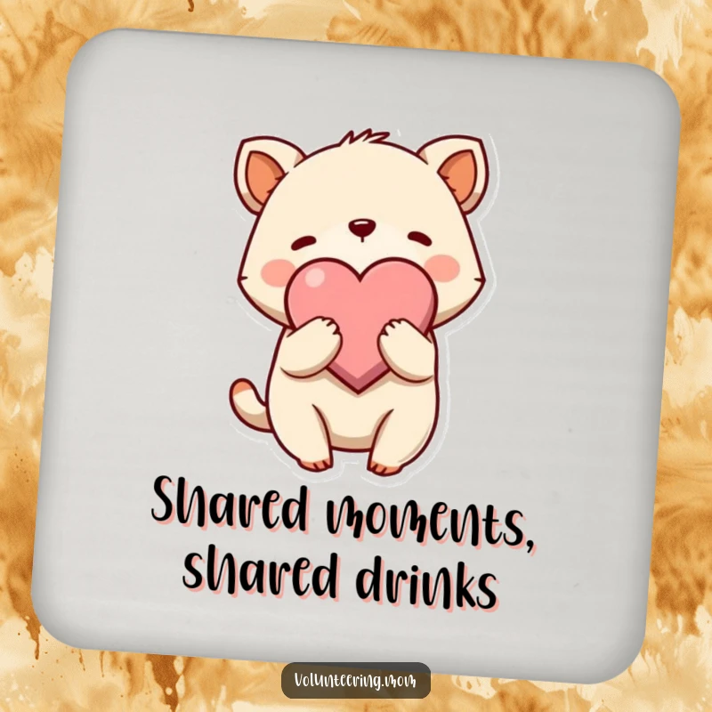 Funny Hug Coaster featuring a cute animal character gently embracing a large heart symbol, adding charming protection.