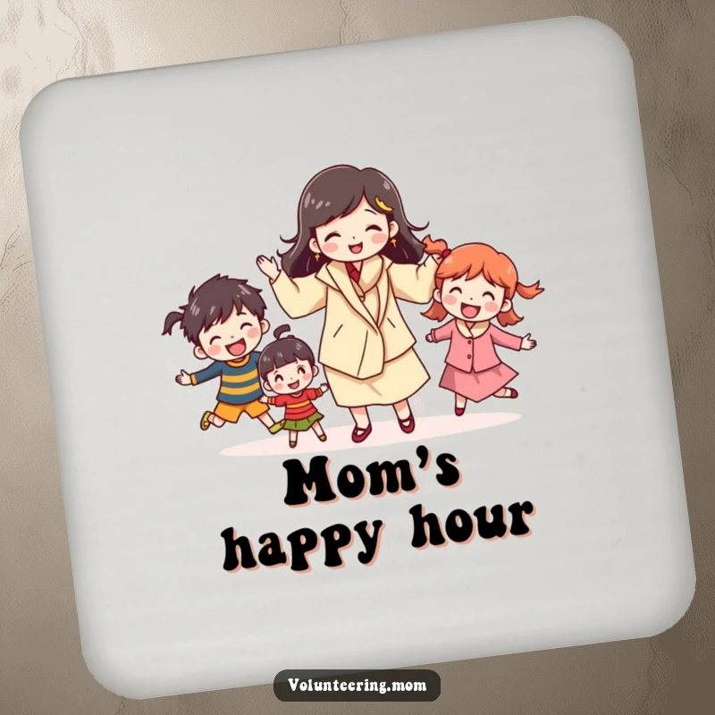 Funny mom drink coasters featuring cheerful characters juggling kids, adding a humorous and chaotic touch to table protection, perfect funny gifts.