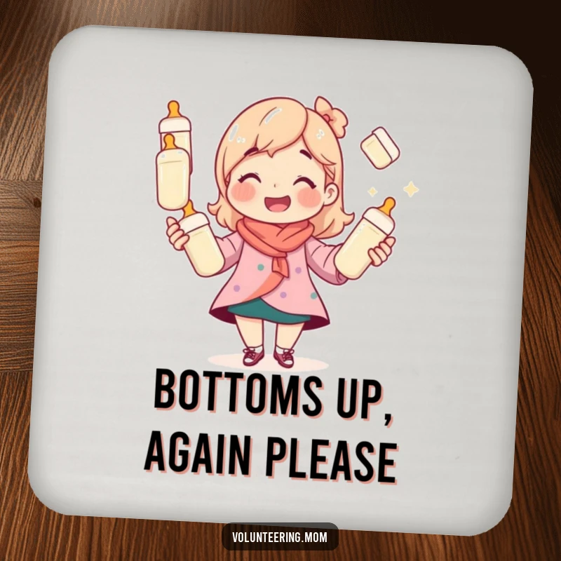 Funny mom coasters, showing a smiling mom juggling baby bottles, protecting surfaces with humor.