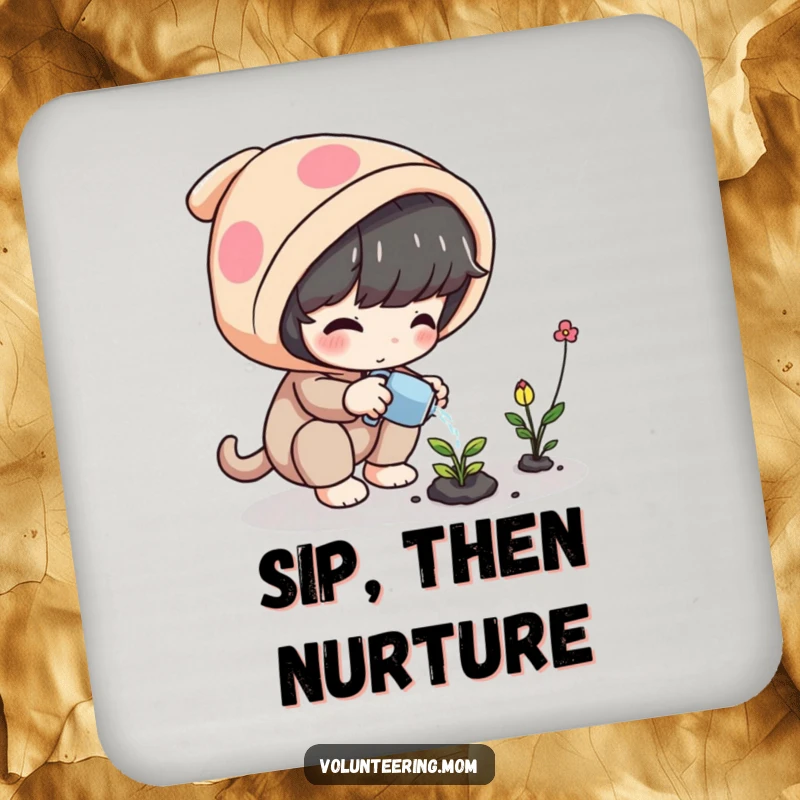 Funny Plant Coaster featuring a playful character watering a magical plant, adding charming botanical protection.